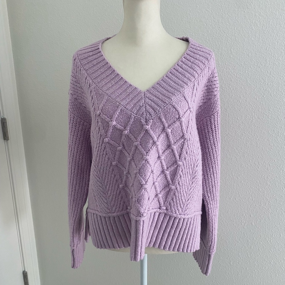 Maeve Lavender V-Neck Cable Knit Sweater Size Small